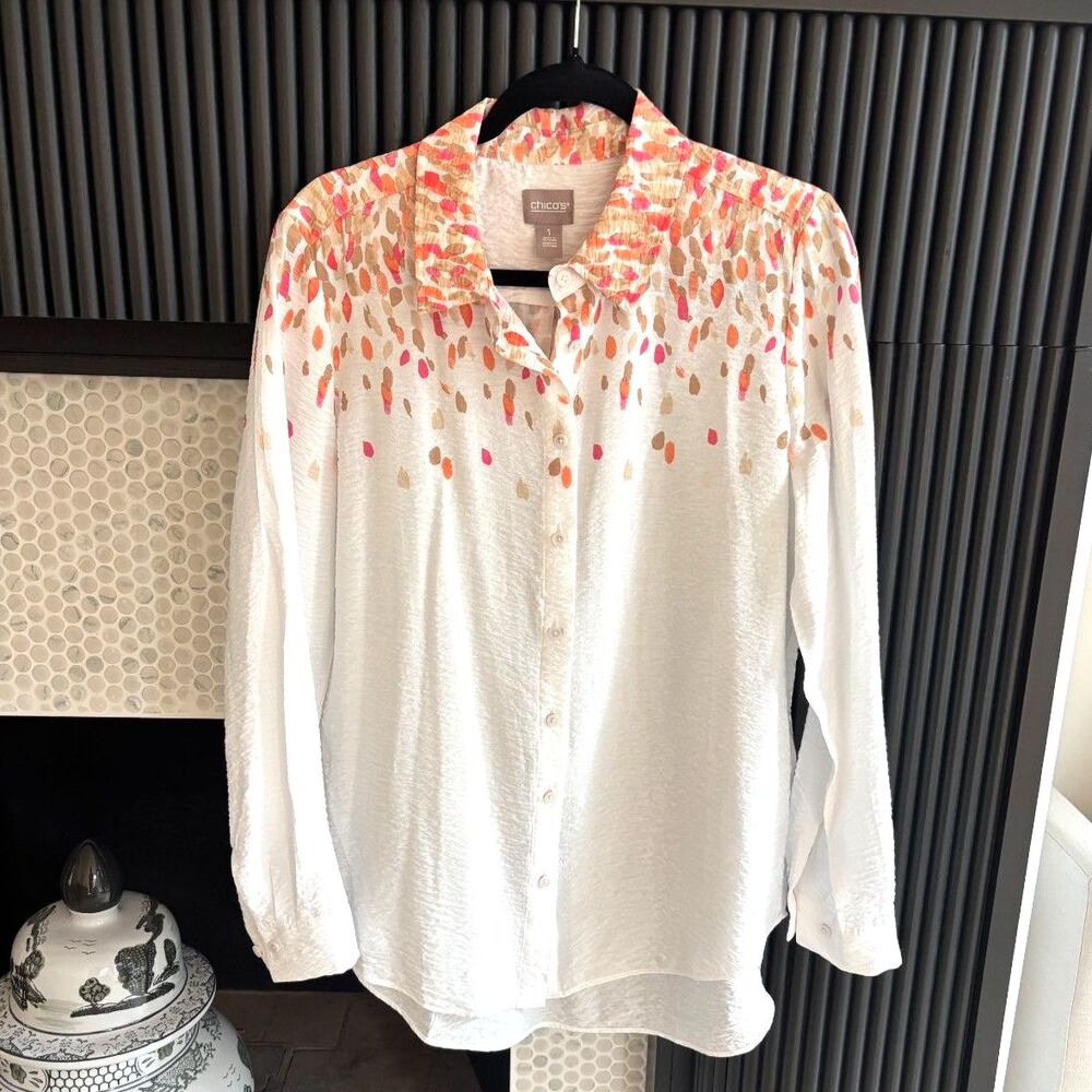 ✨ Chico's Abstract Brushstroke Crinkle Button Up Blouse White Pink 1 M ✨